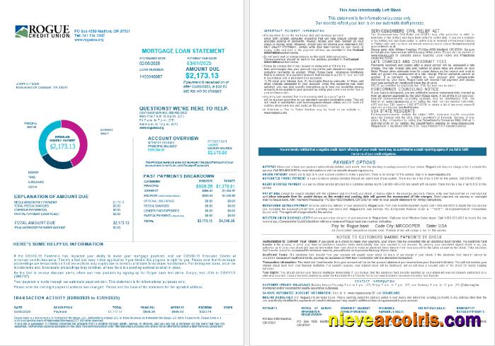 USA Oregon Rogue bank mortgage loan statement, 4 pages 1-2